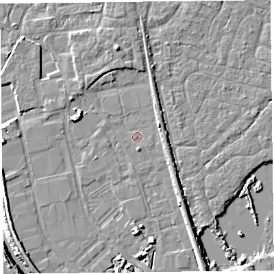 Shaded relief map of the ground around TA65LJ, computed from Environment Agency LiDAR. The ground here sits at about 7 m above sea level and falls 9 m across the surrounding 800 m. Surface water reaching this point runs off ground lying to the south, 5.3 m higher.