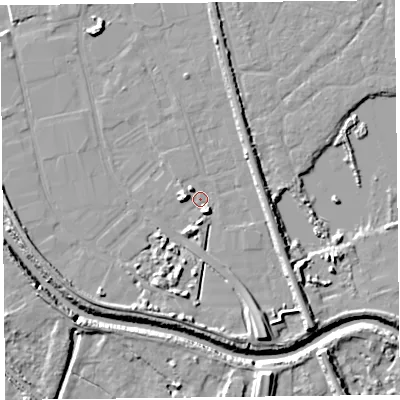 Shaded relief map of the ground around TA65LP, computed from Environment Agency LiDAR. The ground here sits at about 7 m above sea level and falls 9 m across the surrounding 800 m. Surface water reaching this point runs off ground lying to the west, 5.3 m higher.