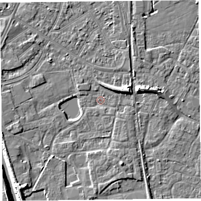 Shaded relief map of the ground around TA65LS, computed from Environment Agency LiDAR. The ground here sits at about 6 m above sea level and falls 9 m across the surrounding 800 m. Surface water reaching this point runs off ground lying to the east-north-east, 5.7 m higher.