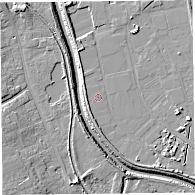 Shaded relief map of the ground around TA65LT, computed from Environment Agency LiDAR. The ground here sits at about 7 m above sea level and falls 10 m across the surrounding 800 m. The ground contributing surface water to this point lies to the north-west.