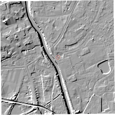 Shaded relief map of the ground around TA65LU, computed from Environment Agency LiDAR. The ground here sits at about 7 m above sea level and falls 13 m across the surrounding 800 m. Surface water reaching this point runs off ground lying to the north-west, 1.3 m higher.