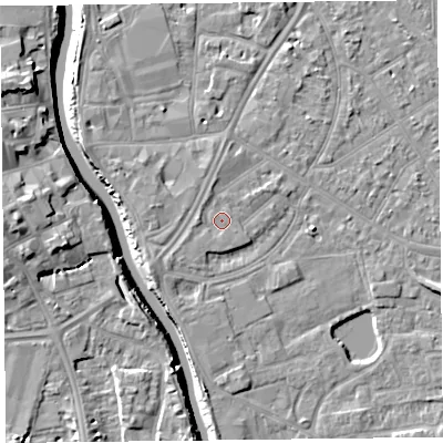 Shaded relief map of the ground around TA65LX, computed from Environment Agency LiDAR. The ground here sits at about 7 m above sea level and falls 11 m across the surrounding 800 m. Surface water reaching this point runs off ground lying to the west, 1.0 m higher.