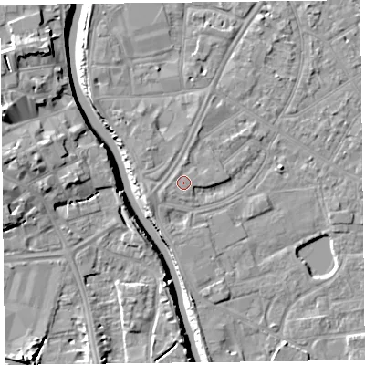 Shaded relief map of the ground around TA65LY, computed from Environment Agency LiDAR. The ground here sits at about 7 m above sea level and falls 13 m across the surrounding 800 m. The ground contributing surface water to this point lies to the west-south-west.