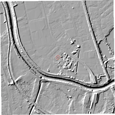 Shaded relief map of the ground around TA65NA, computed from Environment Agency LiDAR. The ground here sits at about 6 m above sea level and falls 10 m across the surrounding 800 m. Surface water reaching this point runs off ground lying to the east-south-east, 3.8 m higher.