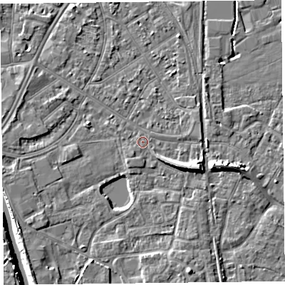 Shaded relief map of the ground around TA65ND, computed from Environment Agency LiDAR. The ground here sits at about 7 m above sea level and falls 10 m across the surrounding 800 m. Surface water reaching this point runs off ground lying to the east-south-east, 5.1 m higher.