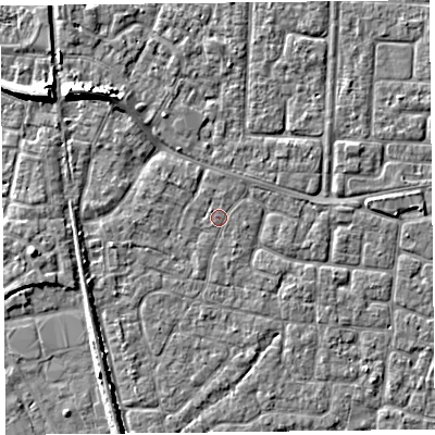 Shaded relief map of the ground around TA65NL, computed from Environment Agency LiDAR. The ground here sits at about 6 m above sea level and falls 7 m across the surrounding 800 m. Surface water reaching this point runs off ground lying to the north-west, 5.7 m higher.