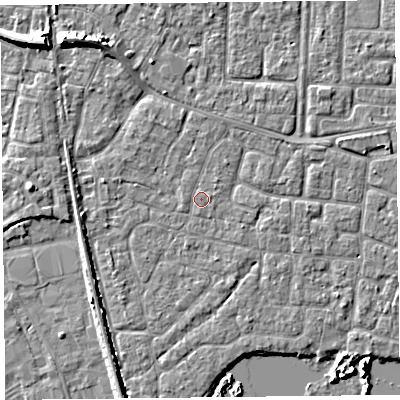 Shaded relief map of the ground around TA65NN, computed from Environment Agency LiDAR. The ground here sits at about 6 m above sea level and falls 7 m across the surrounding 800 m. Surface water reaching this point runs off ground lying to the north-west, 5.7 m higher.