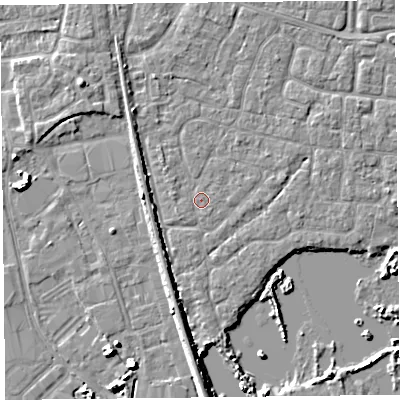 Shaded relief map of the ground around TA65NP, computed from Environment Agency LiDAR. The ground here sits at about 6 m above sea level and falls 7 m across the surrounding 800 m. Surface water reaching this point runs off ground lying to the west-north-west, 0.7 m higher.