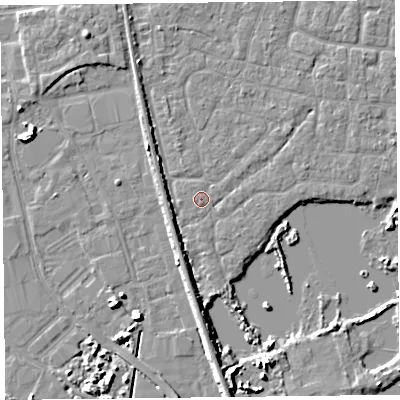 Shaded relief map of the ground around TA65NR, computed from Environment Agency LiDAR. The ground here sits at about 6 m above sea level and falls 7 m across the surrounding 800 m. Surface water reaching this point runs off ground lying to the south-south-east, 0.8 m higher.