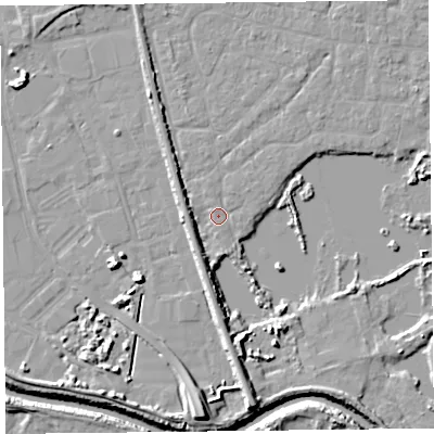 Shaded relief map of the ground around TA65NS, computed from Environment Agency LiDAR. The ground here sits at about 6 m above sea level and falls 9 m across the surrounding 800 m. Surface water reaching this point runs off ground lying to the south-south-west, 3.9 m higher.