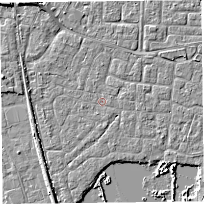 Shaded relief map of the ground around TA65NT, computed from Environment Agency LiDAR. The ground here sits at about 6 m above sea level and falls 7 m across the surrounding 800 m. Surface water reaching this point runs off ground lying to the south-south-west, 0.6 m higher.