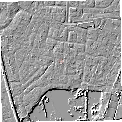 Shaded relief map of the ground around TA65NU, computed from Environment Agency LiDAR. The ground here sits at about 6 m above sea level and falls 5 m across the surrounding 800 m. Surface water reaching this point runs off ground lying to the north, 0.6 m higher.