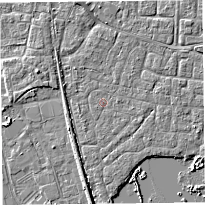 Shaded relief map of the ground around TA65NW, computed from Environment Agency LiDAR. The ground here sits at about 6 m above sea level and falls 6 m across the surrounding 800 m. Surface water reaching this point runs off ground lying to the south-south-west, 2.8 m higher.