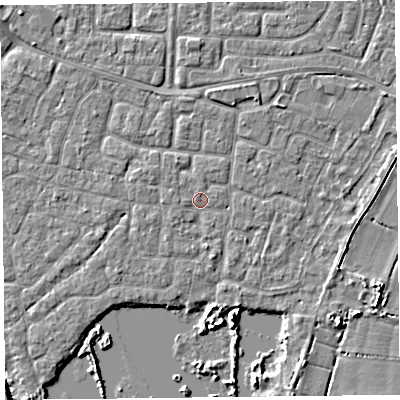Shaded relief map of the ground around TA65NX, computed from Environment Agency LiDAR. The ground here sits at about 6 m above sea level and falls 5 m across the surrounding 800 m. Surface water reaching this point runs off ground lying to the west, 0.8 m higher.