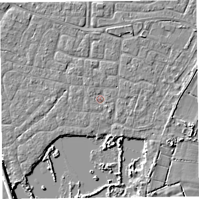 Shaded relief map of the ground around TA65NY, computed from Environment Agency LiDAR. The ground here sits at about 6 m above sea level and falls 5 m across the surrounding 800 m. Surface water reaching this point runs off ground lying to the west, 1.2 m higher.