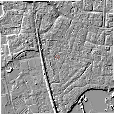 Shaded relief map of the ground around TA65NZ, computed from Environment Agency LiDAR. The ground here sits at about 6 m above sea level and falls 7 m across the surrounding 800 m. Surface water reaching this point runs off ground lying to the south, 2.8 m higher.