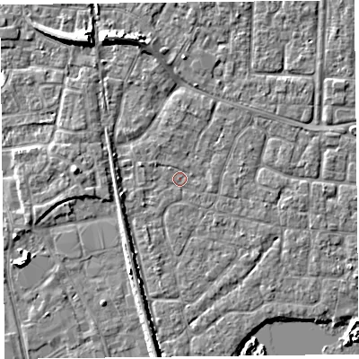 Shaded relief map of the ground around TA65PA, computed from Environment Agency LiDAR. The ground here sits at about 6 m above sea level and falls 7 m across the surrounding 800 m. Surface water reaching this point runs off ground lying to the west-south-west, 1.7 m higher.