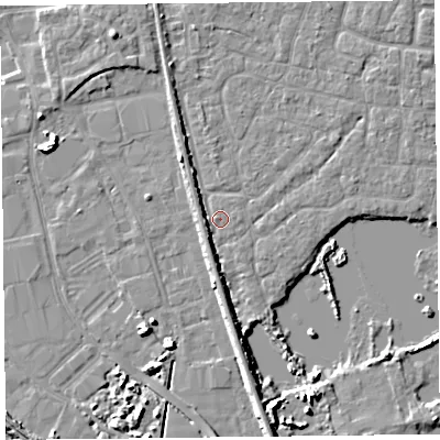 Shaded relief map of the ground around TA65PB, computed from Environment Agency LiDAR. The ground here sits at about 6 m above sea level and falls 9 m across the surrounding 800 m. Surface water reaching this point runs off ground lying to the south-west, 2.3 m higher.