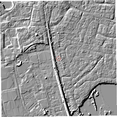 Shaded relief map of the ground around TA65PD, computed from Environment Agency LiDAR. The ground here sits at about 6 m above sea level and falls 7 m across the surrounding 800 m. Surface water reaching this point runs off ground lying to the south, 2.6 m higher.