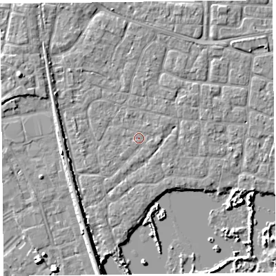 Shaded relief map of the ground around TA65PE, computed from Environment Agency LiDAR. The ground here sits at about 6 m above sea level and falls 7 m across the surrounding 800 m. Surface water reaching this point runs off ground lying to the south-west, 2.8 m higher.