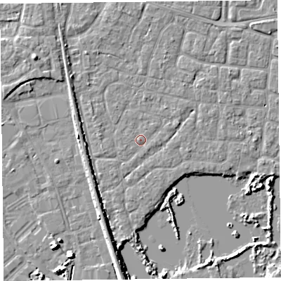 Shaded relief map of the ground around TA65PF, computed from Environment Agency LiDAR. The ground here sits at about 6 m above sea level and falls 7 m across the surrounding 800 m. Surface water reaching this point runs off ground lying to the south-west, 2.8 m higher.