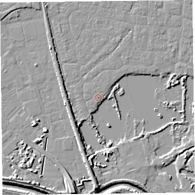 Shaded relief map of the ground around TA65PG, computed from Environment Agency LiDAR. The ground here sits at about 6 m above sea level and falls 9 m across the surrounding 800 m. Surface water reaching this point runs off ground lying to the south, 2.8 m higher.