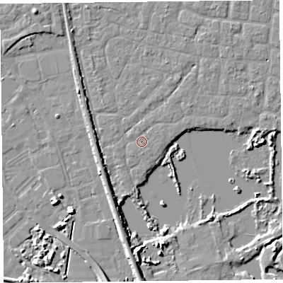 Shaded relief map of the ground around TA65PJ, computed from Environment Agency LiDAR. The ground here sits at about 6 m above sea level and falls 7 m across the surrounding 800 m. Surface water reaching this point runs off ground lying to the south, 0.6 m higher.