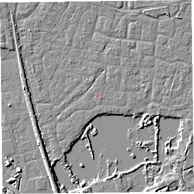 Shaded relief map of the ground around TA65PL, computed from Environment Agency LiDAR. The ground here sits at about 6 m above sea level and falls 7 m across the surrounding 800 m. Surface water reaching this point runs off ground lying to the south-west, 0.7 m higher.