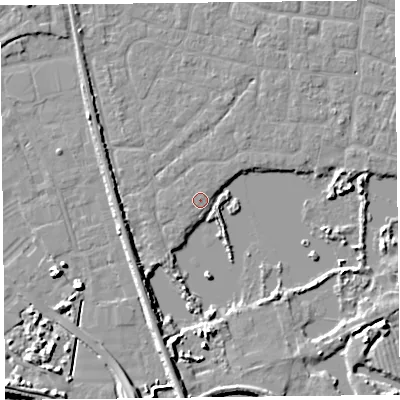 Shaded relief map of the ground around TA65PN, computed from Environment Agency LiDAR. The ground here sits at about 6 m above sea level and falls 8 m across the surrounding 800 m. Surface water reaching this point runs off ground lying to the south-south-west, 0.6 m higher.