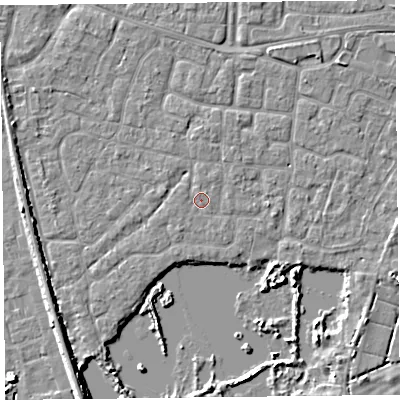 Shaded relief map of the ground around TA65PP, computed from Environment Agency LiDAR. The ground here sits at about 6 m above sea level and falls 6 m across the surrounding 800 m. Surface water reaching this point runs off ground lying to the west-north-west, 1.2 m higher.