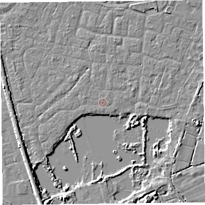 Shaded relief map of the ground around TA65PQ, computed from Environment Agency LiDAR. The ground here sits at about 6 m above sea level and falls 6 m across the surrounding 800 m. Surface water reaching this point runs off ground lying to the west-south-west, 0.8 m higher.