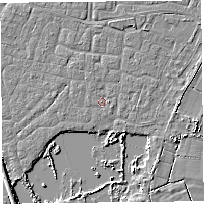 Shaded relief map of the ground around TA65PR, computed from Environment Agency LiDAR. The ground here sits at about 6 m above sea level and falls 5 m across the surrounding 800 m. Surface water reaching this point runs off ground lying to the west, 1.2 m higher.