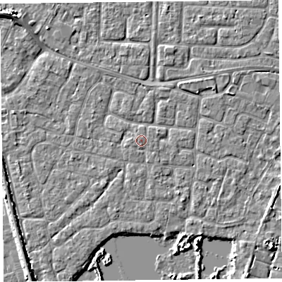 Shaded relief map of the ground around TA65PS, computed from Environment Agency LiDAR. The ground here sits at about 7 m above sea level and falls 6 m across the surrounding 800 m. Surface water reaching this point runs off ground lying to the west, 0.6 m higher.