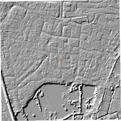 Shaded relief map of the ground around TA65PW, computed from Environment Agency LiDAR. The ground here sits at about 6 m above sea level and falls 5 m across the surrounding 800 m. The ground contributing surface water to this point lies to the south.