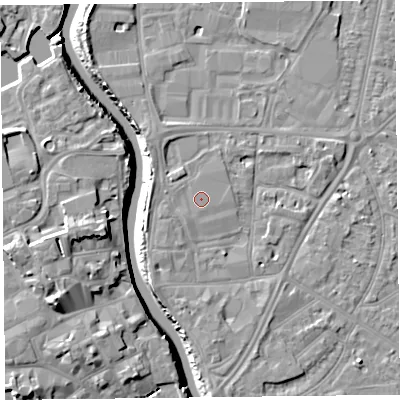 Shaded relief map of the ground around TA65PZ, computed from Environment Agency LiDAR. The ground here sits at about 8 m above sea level and falls 13 m across the surrounding 800 m. Surface water reaching this point runs off ground lying to the west-south-west, 0.6 m higher.
