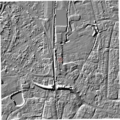 Shaded relief map of the ground around TA65QA, computed from Environment Agency LiDAR. The ground here sits at about 7 m above sea level and falls 7 m across the surrounding 800 m. Surface water reaching this point runs off ground lying to the south-south-west, 1.5 m higher.