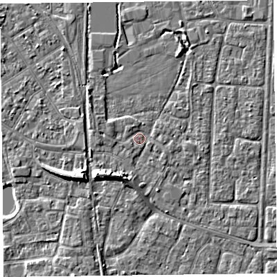 Shaded relief map of the ground around TA65QB, computed from Environment Agency LiDAR. The ground here sits at about 7 m above sea level and falls 7 m across the surrounding 800 m. Surface water reaching this point runs off ground lying to the south-south-west, 3.0 m higher.