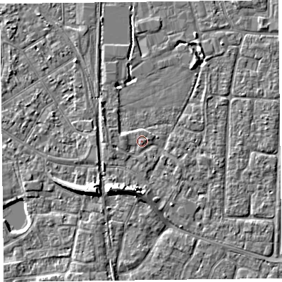 Shaded relief map of the ground around TA65QD, computed from Environment Agency LiDAR. The ground here sits at about 7 m above sea level and falls 7 m across the surrounding 800 m. Surface water reaching this point runs off ground lying to the west, 0.8 m higher.