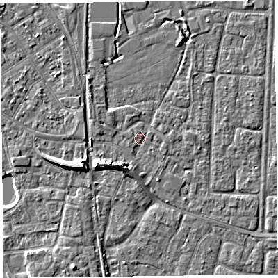 Shaded relief map of the ground around TA65QE, computed from Environment Agency LiDAR. The ground here sits at about 7 m above sea level and falls 7 m across the surrounding 800 m. Surface water reaching this point runs off ground lying to the south-south-west, 2.8 m higher.