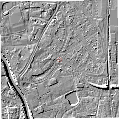Shaded relief map of the ground around TA65QF, computed from Environment Agency LiDAR. The ground here sits at about 7 m above sea level and falls 10 m across the surrounding 800 m. Surface water reaching this point runs off ground lying to the west-south-west, 1.6 m higher.