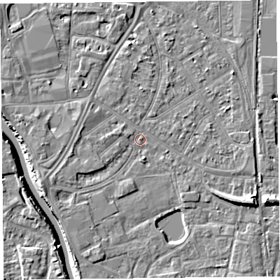 Shaded relief map of the ground around TA65QG, computed from Environment Agency LiDAR. The ground here sits at about 7 m above sea level and falls 10 m across the surrounding 800 m. Surface water reaching this point runs off ground lying to the west-south-west, 2.6 m higher.