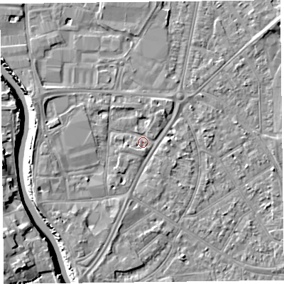 Shaded relief map of the ground around TA65QN, computed from Environment Agency LiDAR. The ground here sits at about 7 m above sea level and falls 11 m across the surrounding 800 m. Surface water reaching this point runs off ground lying to the west-north-west, 2.7 m higher.