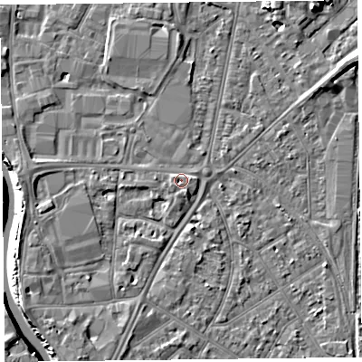 Shaded relief map of the ground around TA65QS, computed from Environment Agency LiDAR. The ground here sits at about 8 m above sea level and falls 9 m across the surrounding 800 m. Surface water reaching this point runs off ground lying to the east, 1.1 m higher.