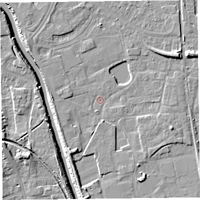 Shaded relief map of the ground around TA65QT, computed from Environment Agency LiDAR. The ground here sits at about 6 m above sea level and falls 10 m across the surrounding 800 m. Surface water reaching this point runs off ground lying to the south-south-west, 4.7 m higher.