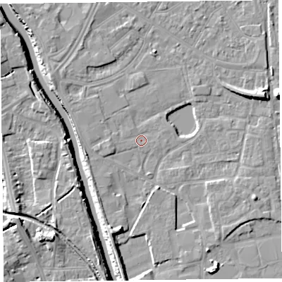 Shaded relief map of the ground around TA65QU, computed from Environment Agency LiDAR. The ground here sits at about 6 m above sea level and falls 10 m across the surrounding 800 m. Surface water reaching this point runs off ground lying to the west, 1.4 m higher.