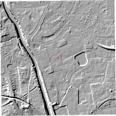 Shaded relief map of the ground around TA65QX, computed from Environment Agency LiDAR. The ground here sits at about 6 m above sea level and falls 10 m across the surrounding 800 m. Surface water reaching this point runs off ground lying to the south-south-west, 1.6 m higher.