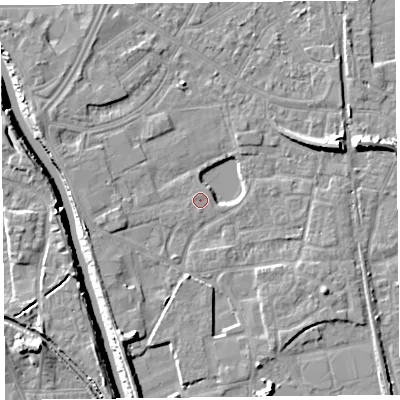 Shaded relief map of the ground around TA65QY, computed from Environment Agency LiDAR. The ground here sits at about 6 m above sea level and falls 10 m across the surrounding 800 m. The ground contributing surface water to this point lies to the west-south-west.