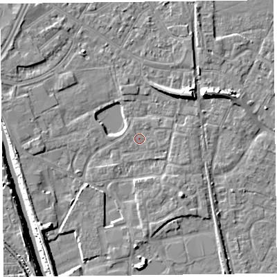 Shaded relief map of the ground around TA65QZ, computed from Environment Agency LiDAR. The ground here sits at about 6 m above sea level and falls 10 m across the surrounding 800 m. Surface water reaching this point runs off ground lying to the east-south-east, 0.6 m higher.