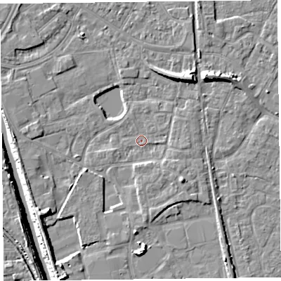 Shaded relief map of the ground around TA65RA, computed from Environment Agency LiDAR. The ground here sits at about 6 m above sea level and falls 9 m across the surrounding 800 m. Surface water reaching this point runs off ground lying to the south-east, 1.8 m higher.
