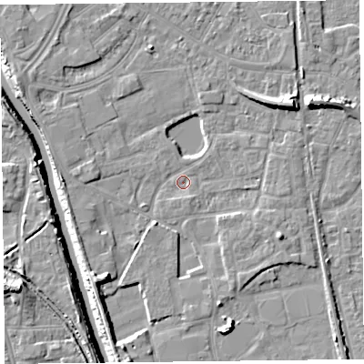 Shaded relief map of the ground around TA65RD, computed from Environment Agency LiDAR. The ground here sits at about 6 m above sea level and falls 10 m across the surrounding 800 m. Surface water reaching this point runs off ground lying to the north-east, 6.9 m higher.